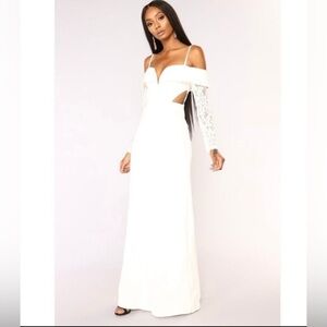 Ivory lace sleeved maxi celebration dress
